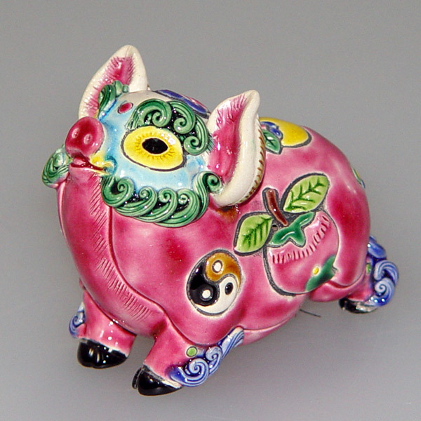 鹿港窯禮品館│交趾陶-天喜豬│紅豬