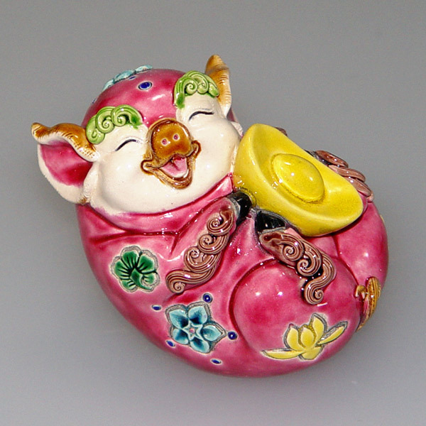 鹿港窯禮品館│交趾陶-諸事如意_元寶豬