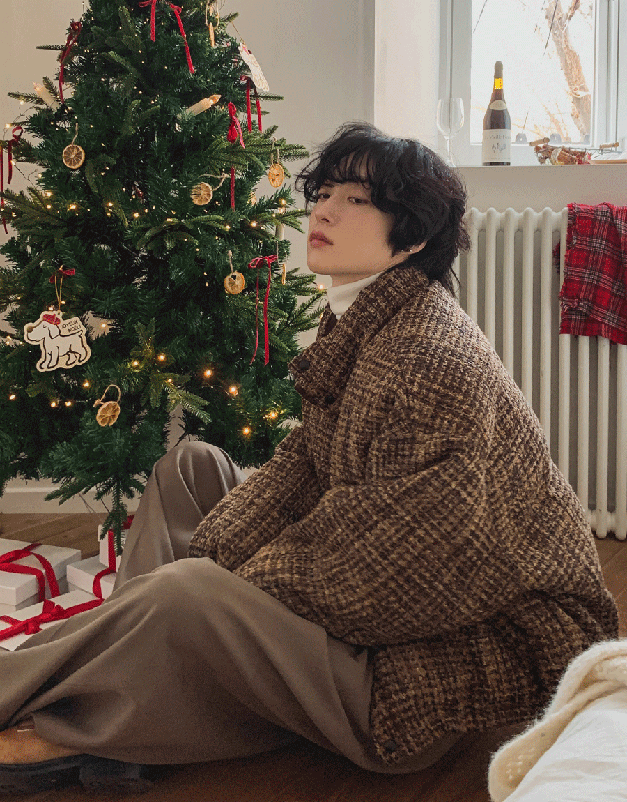 粗花呢+光亮雙面羽絨外套