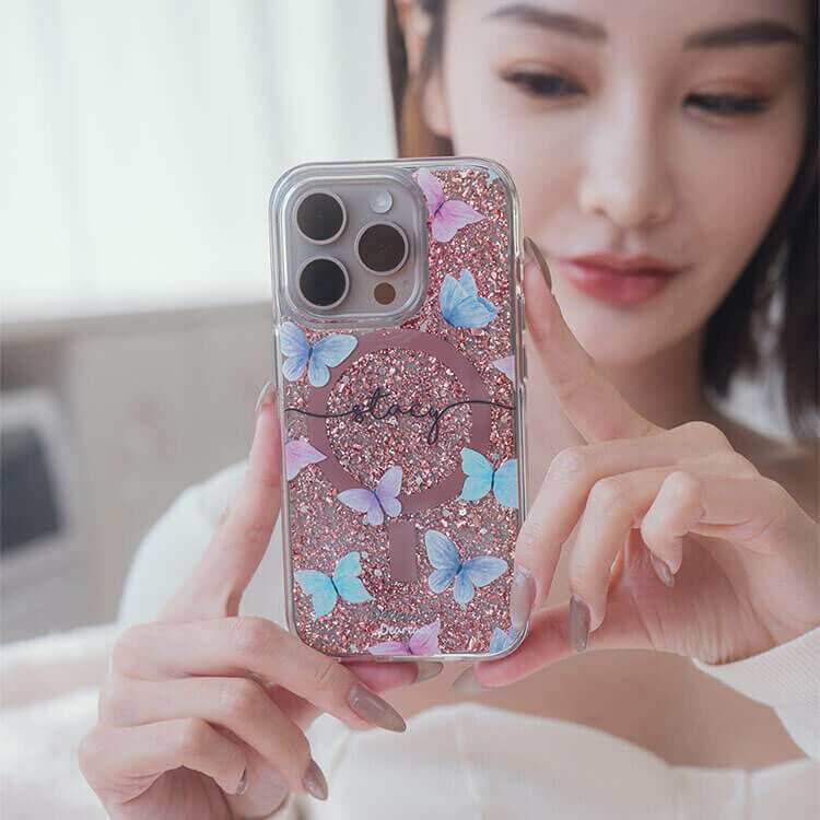 玫粉蝴蝶 玫瑰金貝拉殼 (MagSafe兼容) - (訂製名字) iPhone客製化手機殼