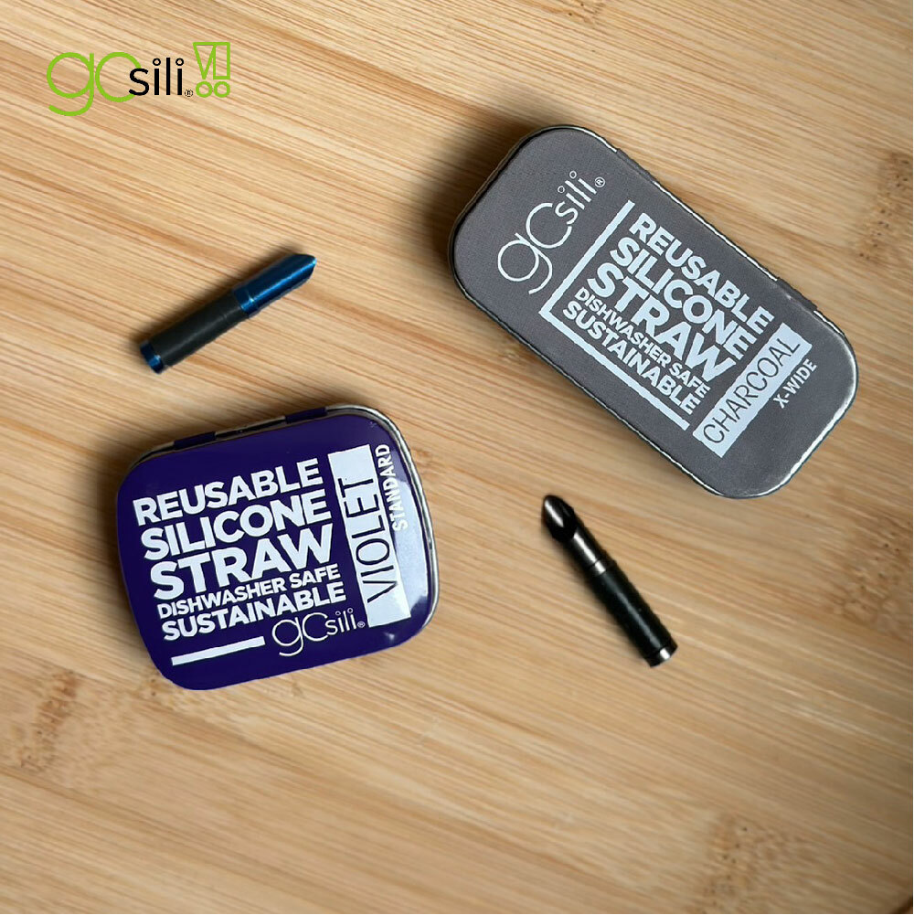 【環保吸管2件+贈封膜切口器2個】-GoSili吸管❙細紫+粗灰❙附切口器