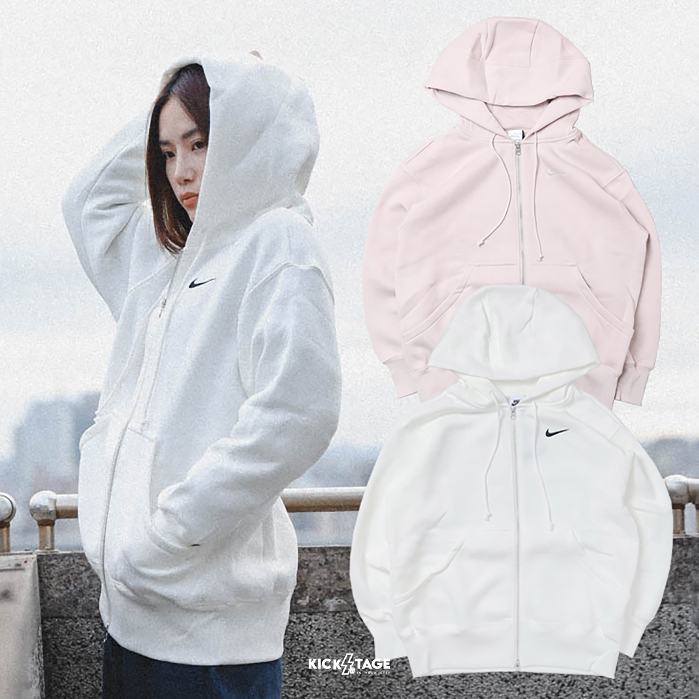 女款 NIKE NSW PHOENIX FLEECE 白色 粉色 小勾刺繡 抽繩 內刷絨 雙拉鍊 連帽外套【DQ5759】