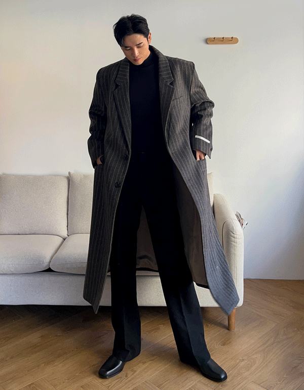 蕾絲條紋羊毛大衣