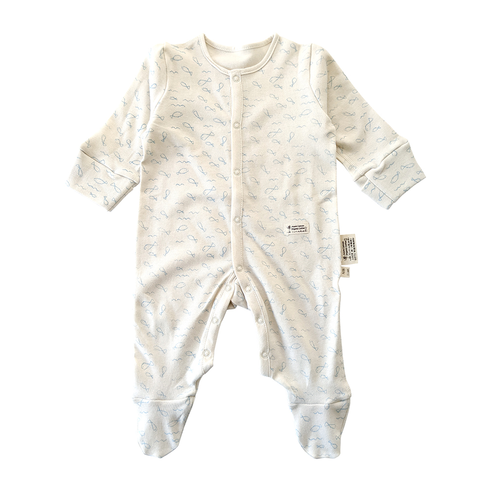 有機棉嬰兒柔適長袖包腳連身衣-淺藍魚 | 藍天畫布有機棉