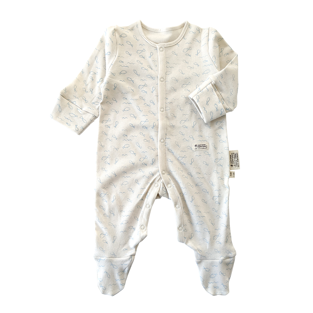 有機棉嬰兒柔適長袖包腳連身衣-淺藍魚 | 藍天畫布有機棉