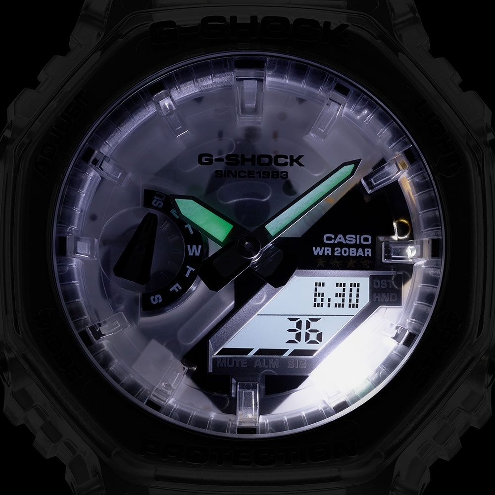 CASIO卡西歐G-SHOCK 40週年限定透視錶面八角農家橡樹雙顯電子錶（GA