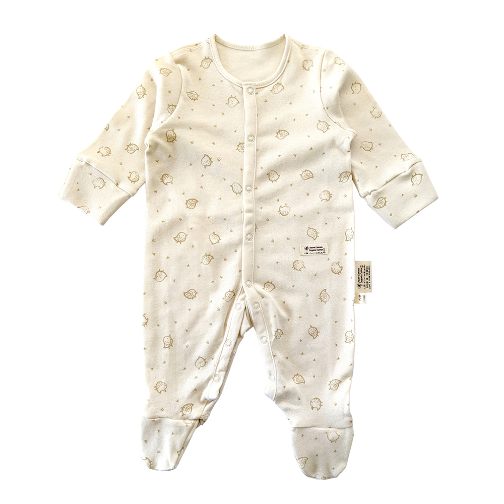 有機棉嬰兒柔適長袖包腳連身衣-褐小雞 | 藍天畫布有機棉
