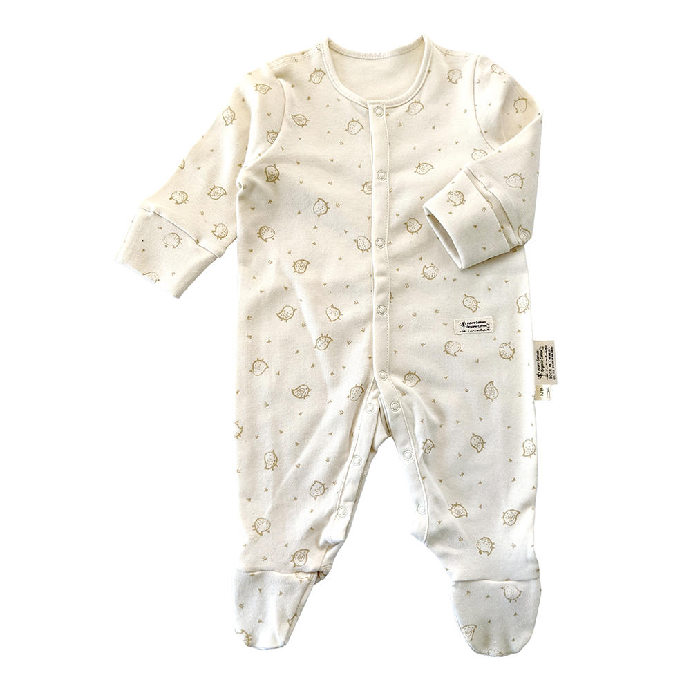 有機棉嬰兒柔適長袖包腳連身衣-褐小雞 | 藍天畫布有機棉