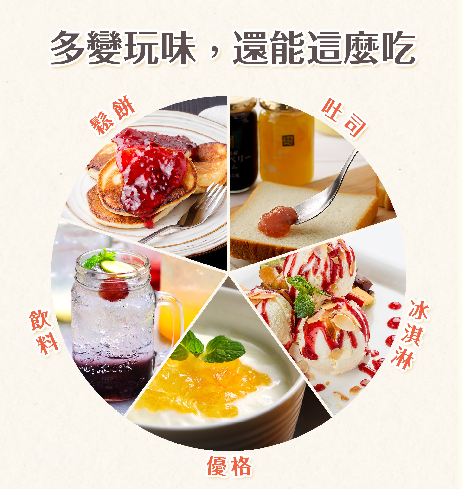 適合搭配麵包、土司、鬆餅、飲料、優格、冰淇淋等多變玩味！