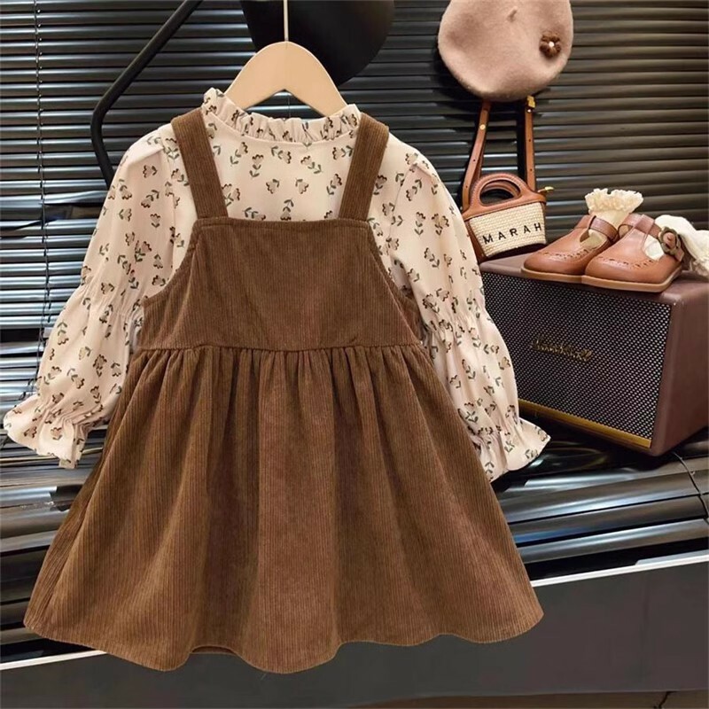 <兩件組> 森林系木耳領碎花上衣+咖色背心裙 90-140cm