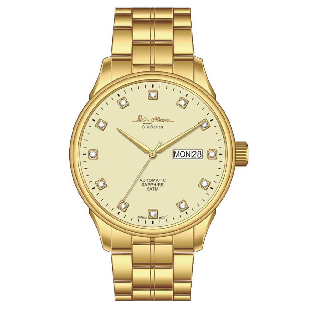 【Rhythm 麗聲】日本鑲嵌鋯鑽時標三針日期星期顯示不鏽鋼機械錶-AS1612S-