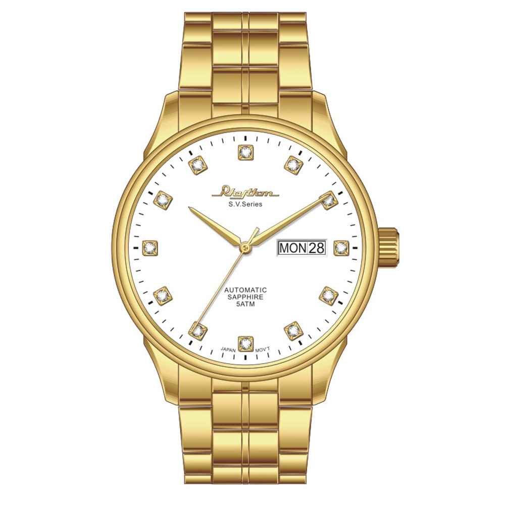 【Rhythm 麗聲】日本鑲嵌鋯鑽時標三針日期星期顯示不鏽鋼機械錶-AS1612S-