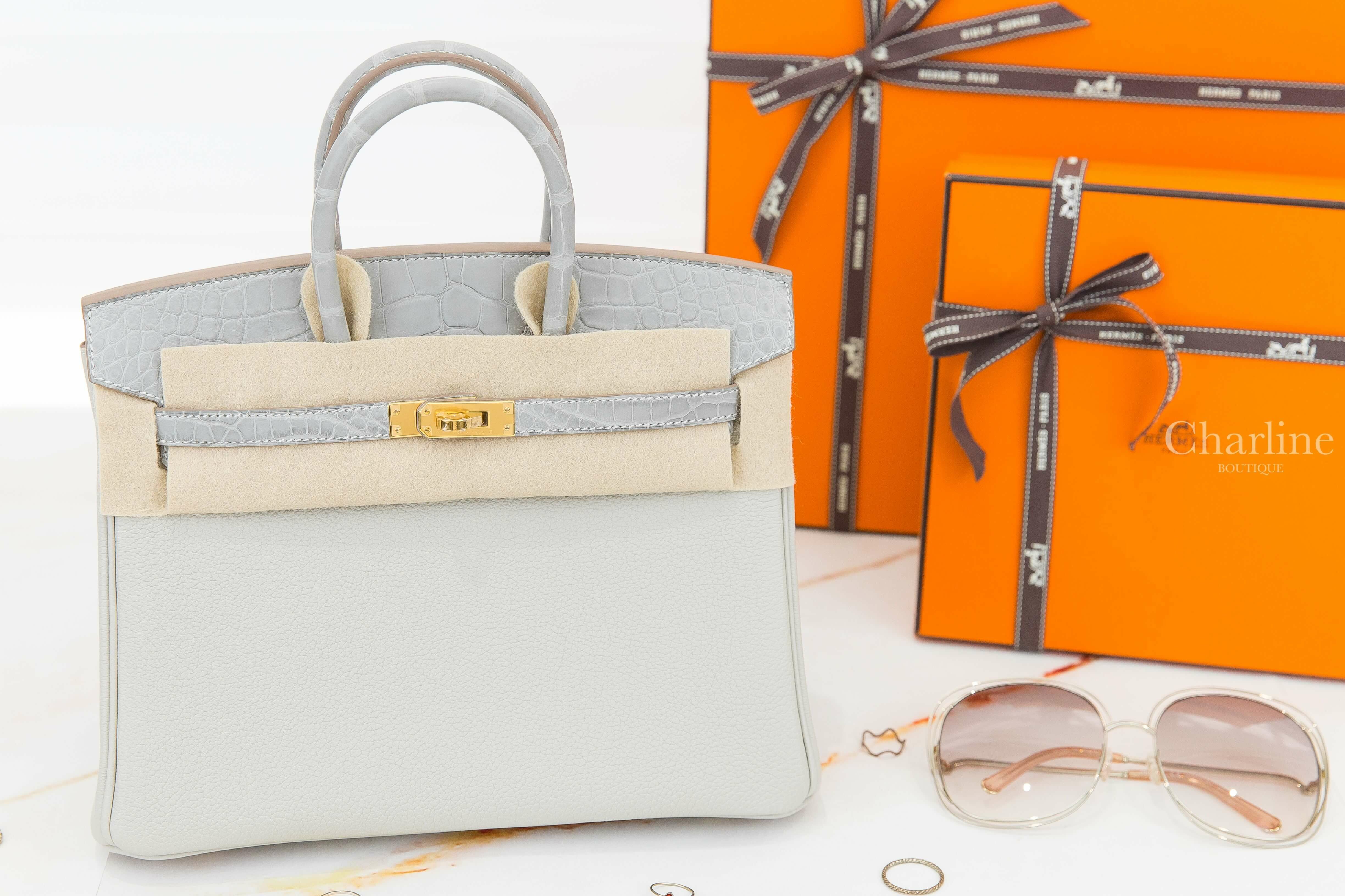 Hermès Birkin 25cm Touch Veau Togo / Alligator Mississippiensis Matte 80 Gris Perle 珍珠灰霧面方塊鱷魚拼皮革鉑金包