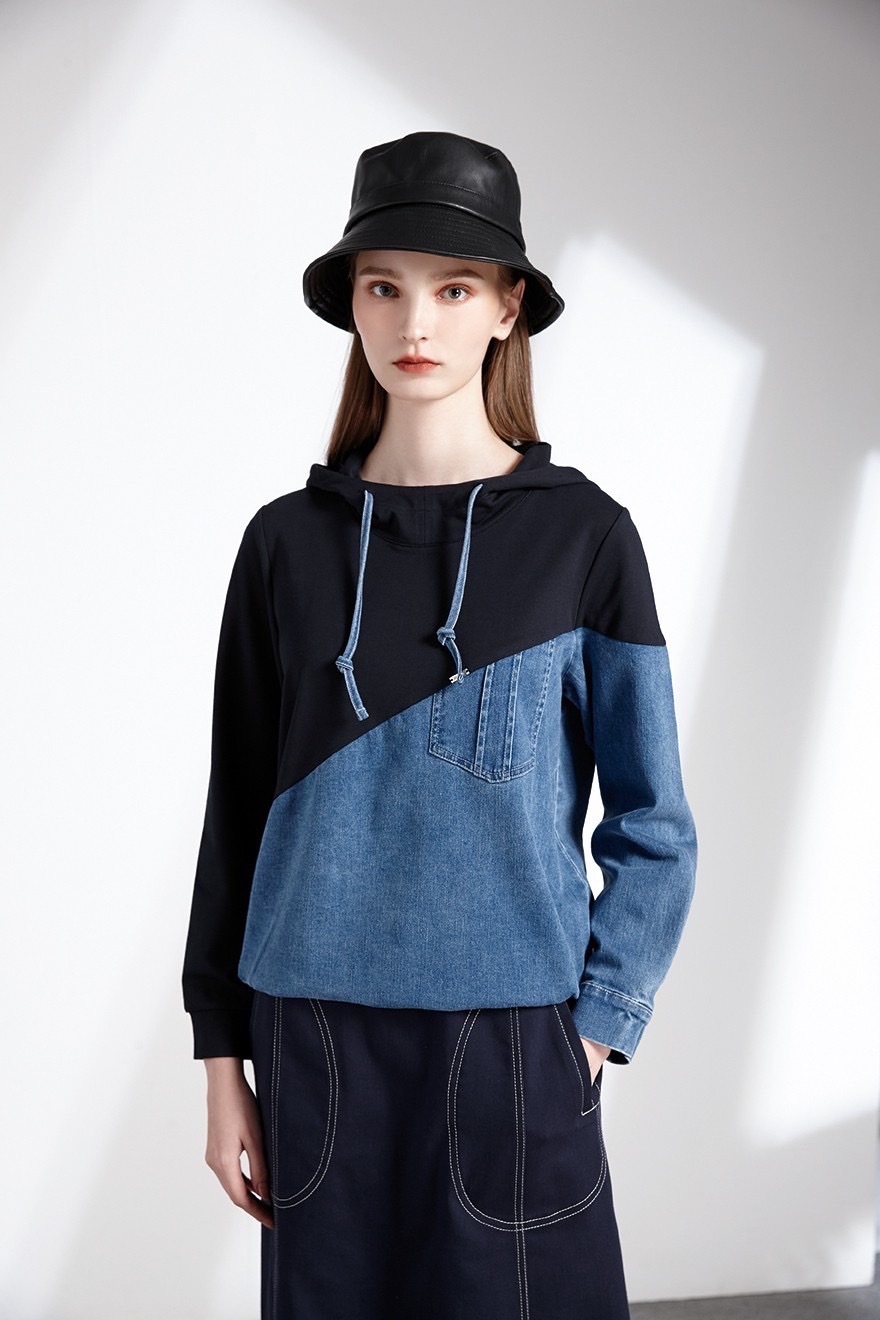 韓版時尚口袋配色壓線造型修身牛仔長裙T6521