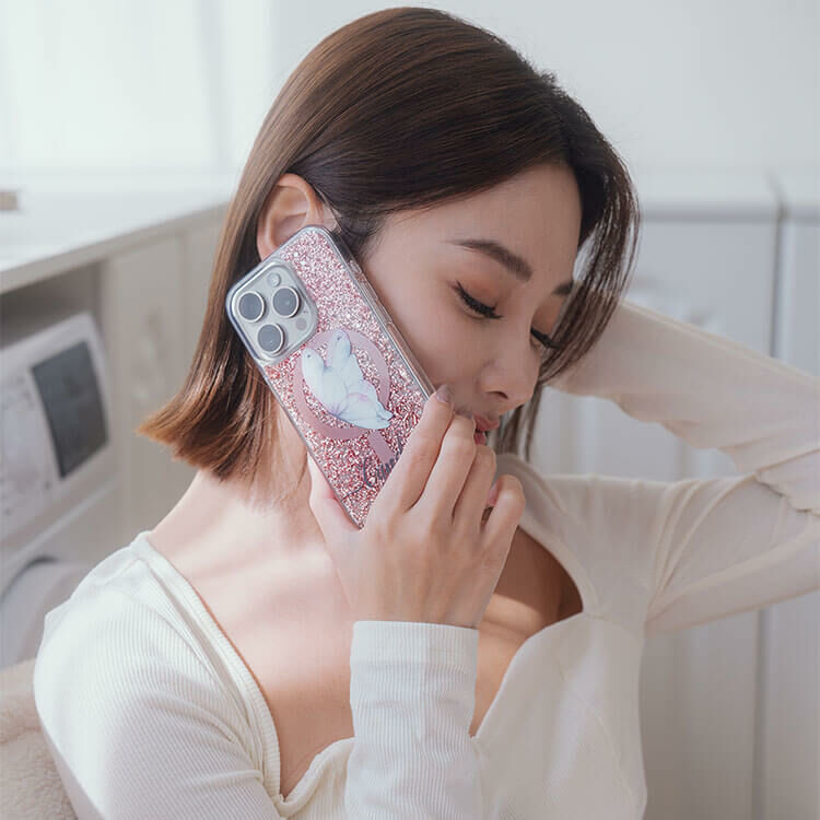夢幻粉蝶 玫瑰金貝拉殼 (MagSafe兼容) - (訂製名字) iPhone客製化手機殼