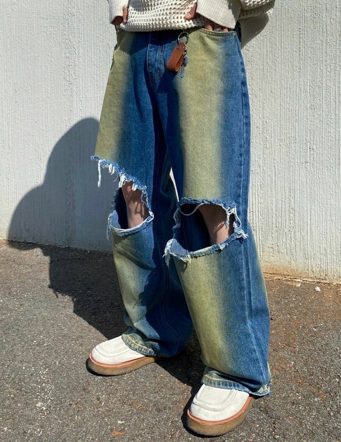 洗水拼色破洞鬆身牛仔褲 J701