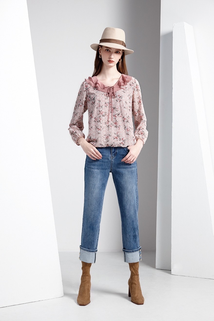 甜美荷葉領簍空小繡花布修身顯瘦上衣T6101