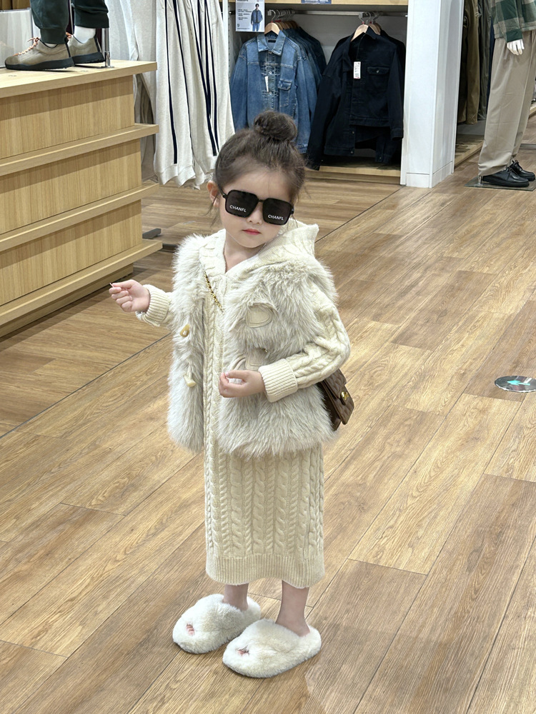 長版連帽針織裙/長毛絨背心