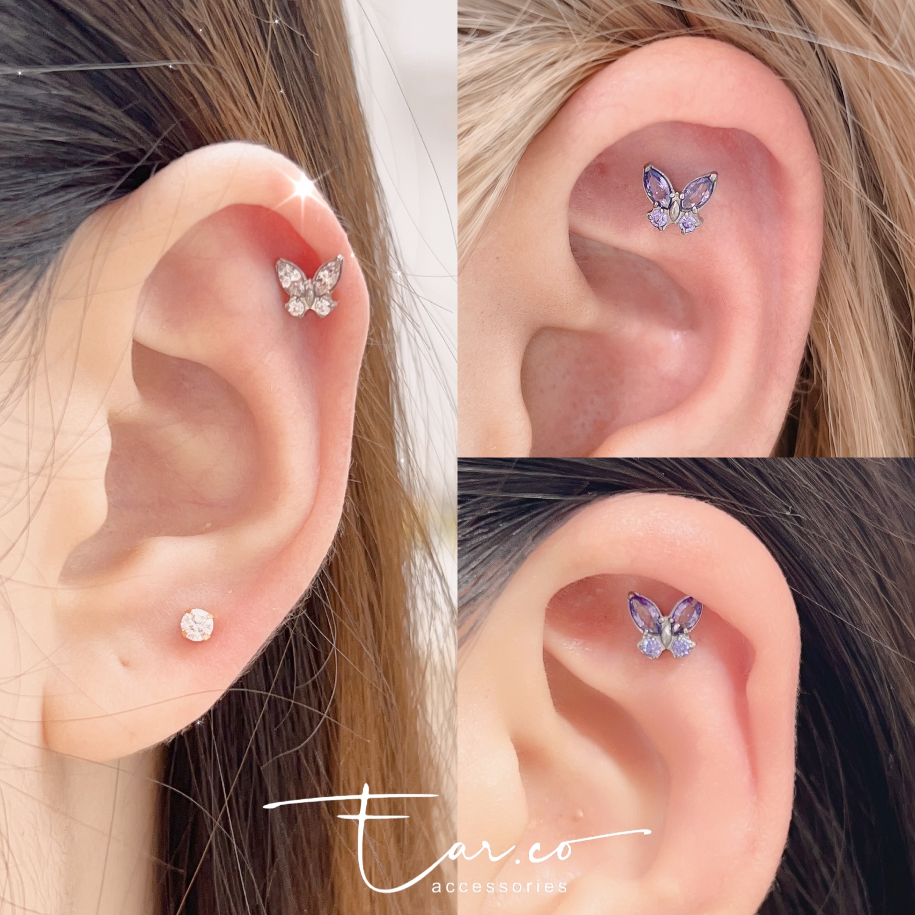 閃石小蝴蝶平頭耳門/耳珠/耳骨釘 [G23 Titanium] [單支]