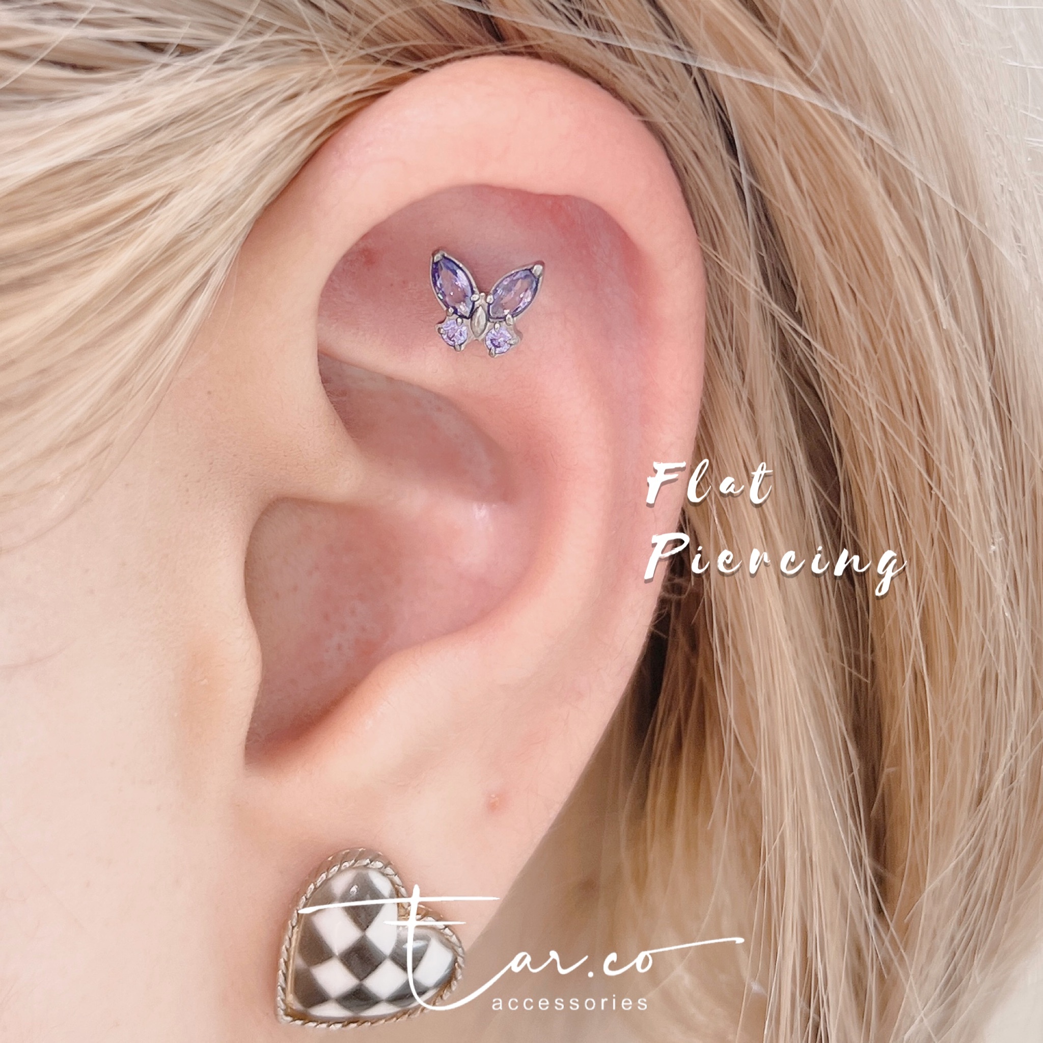 閃石小蝴蝶平頭耳門/耳珠/耳骨釘 [G23 Titanium] [單支]