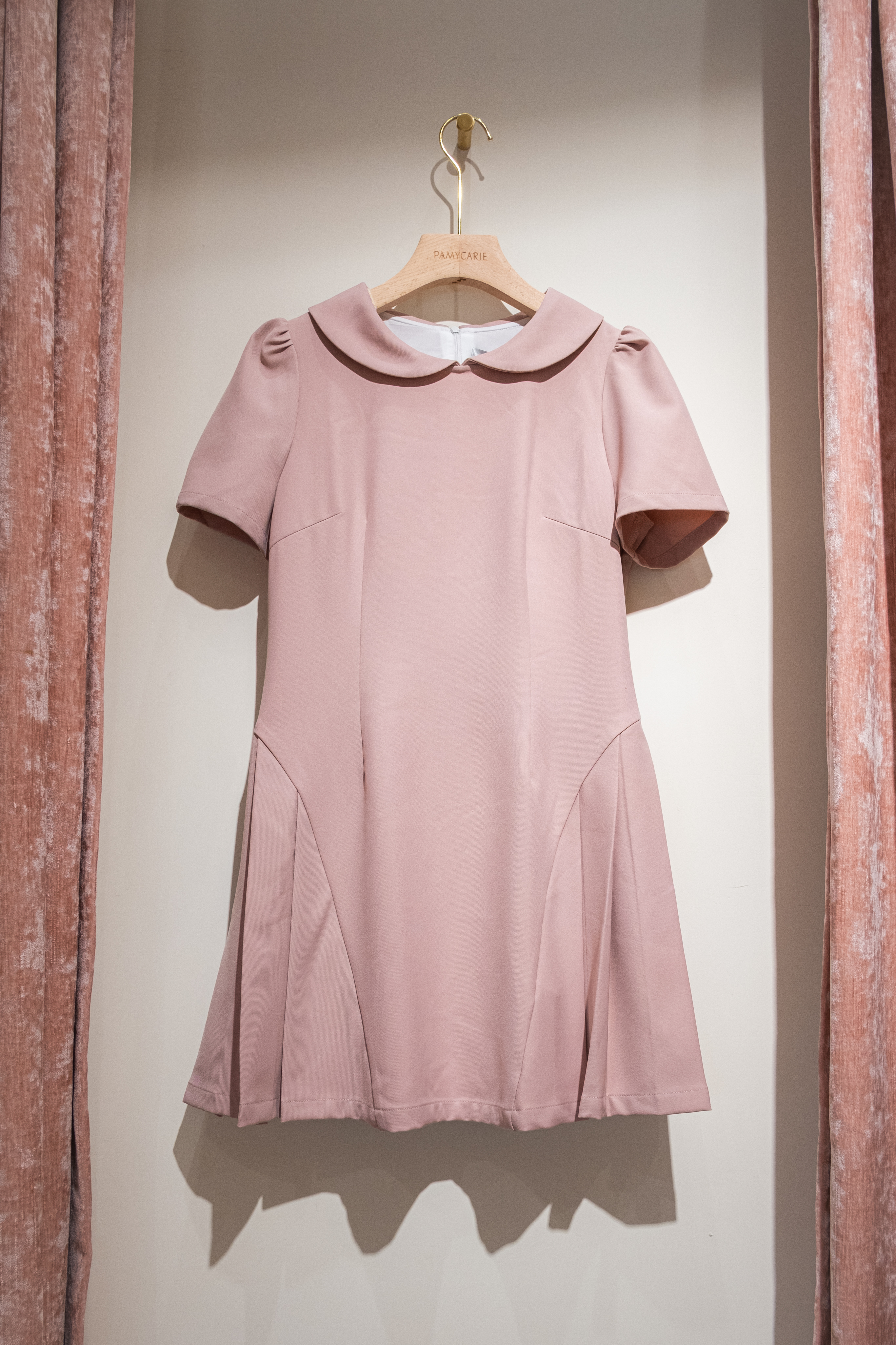 Round Collar Pleated Dress (Khaki/Cream/Dusty Pink)