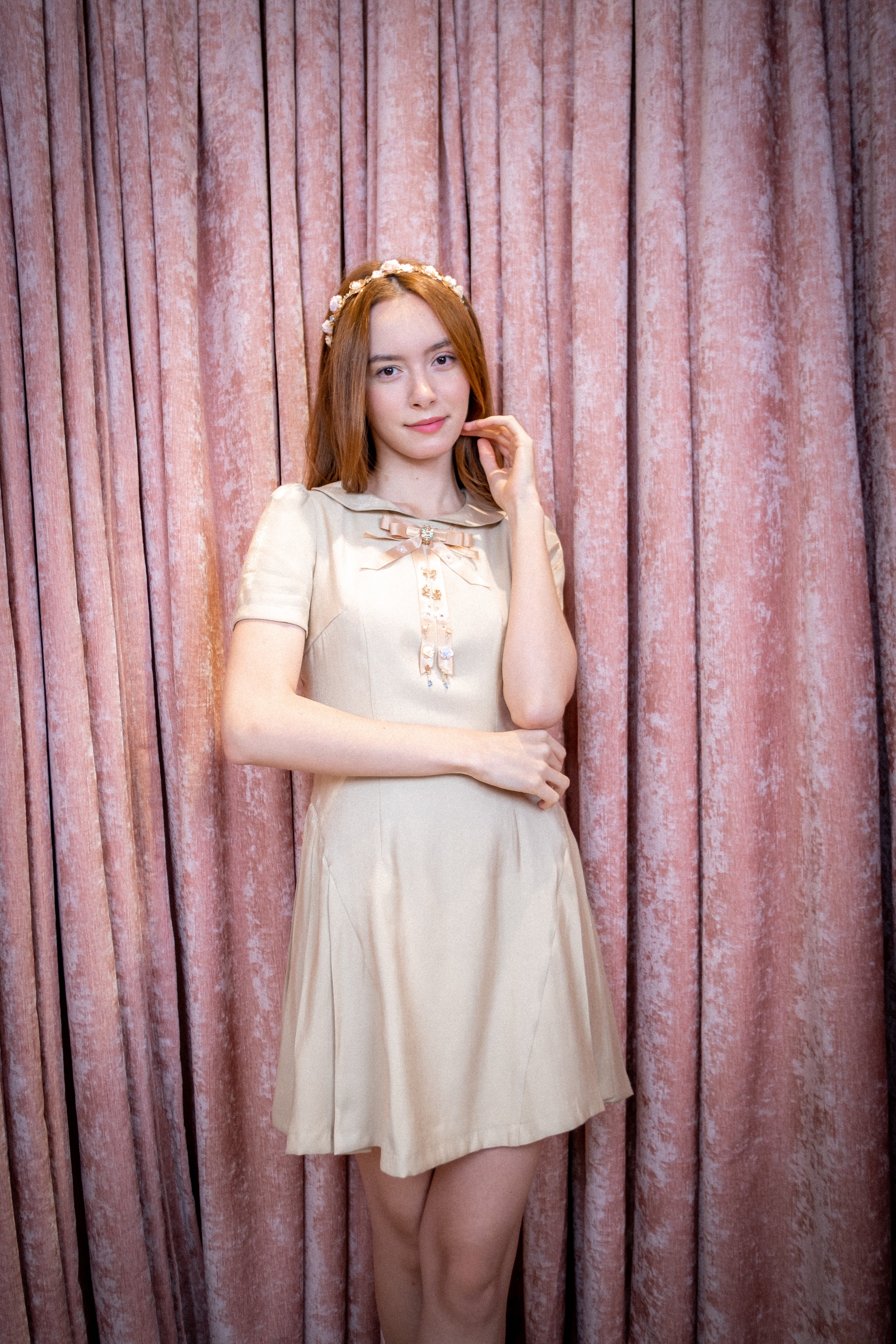 Round Collar Pleated Dress (Khaki/Cream/Dusty Pink)