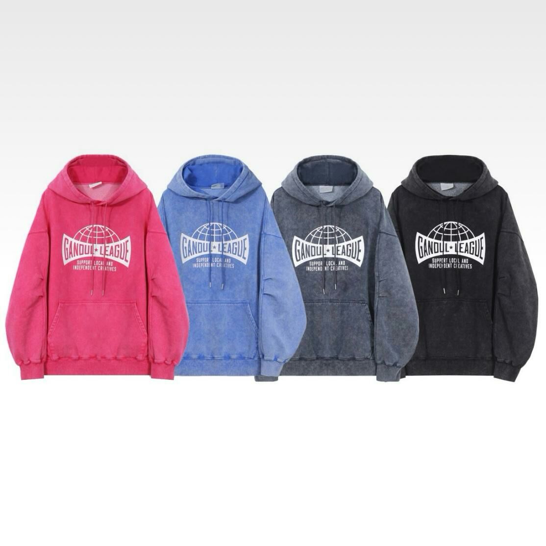 洗水英文字圖案連帽衛衣(薄抓毛底) Clear-028T