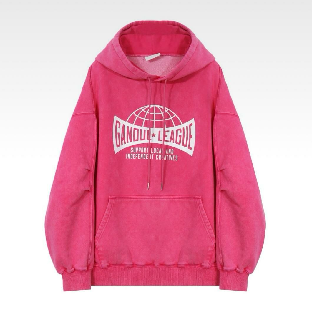 洗水英文字圖案連帽衛衣(薄抓毛底) Clear-028T