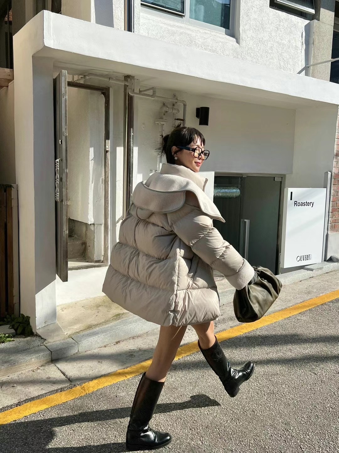 正韓拼接羊羔毛連帽羽絨外套(灰/黑)