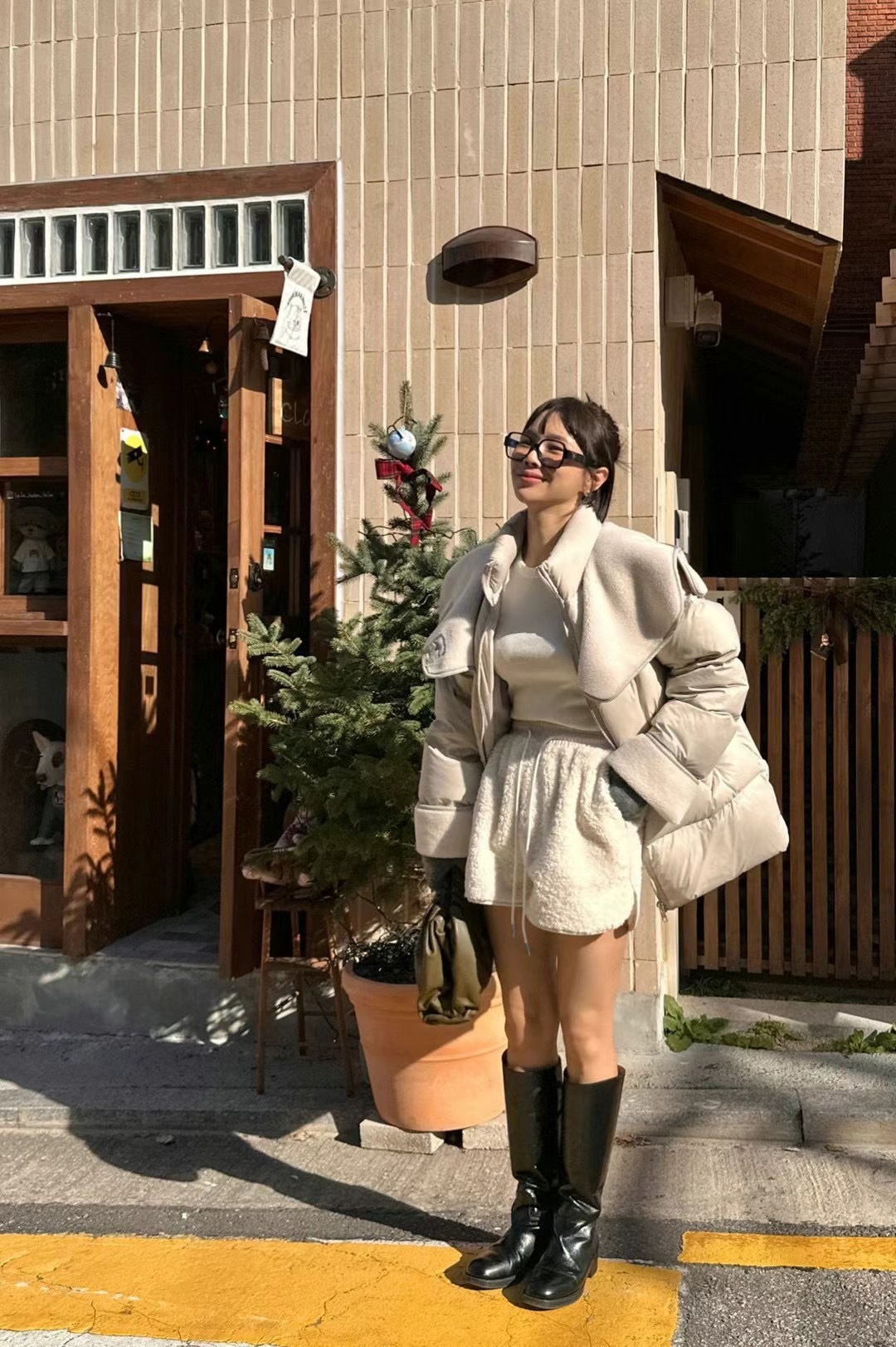 正韓拼接羊羔毛連帽羽絨外套(灰/黑)