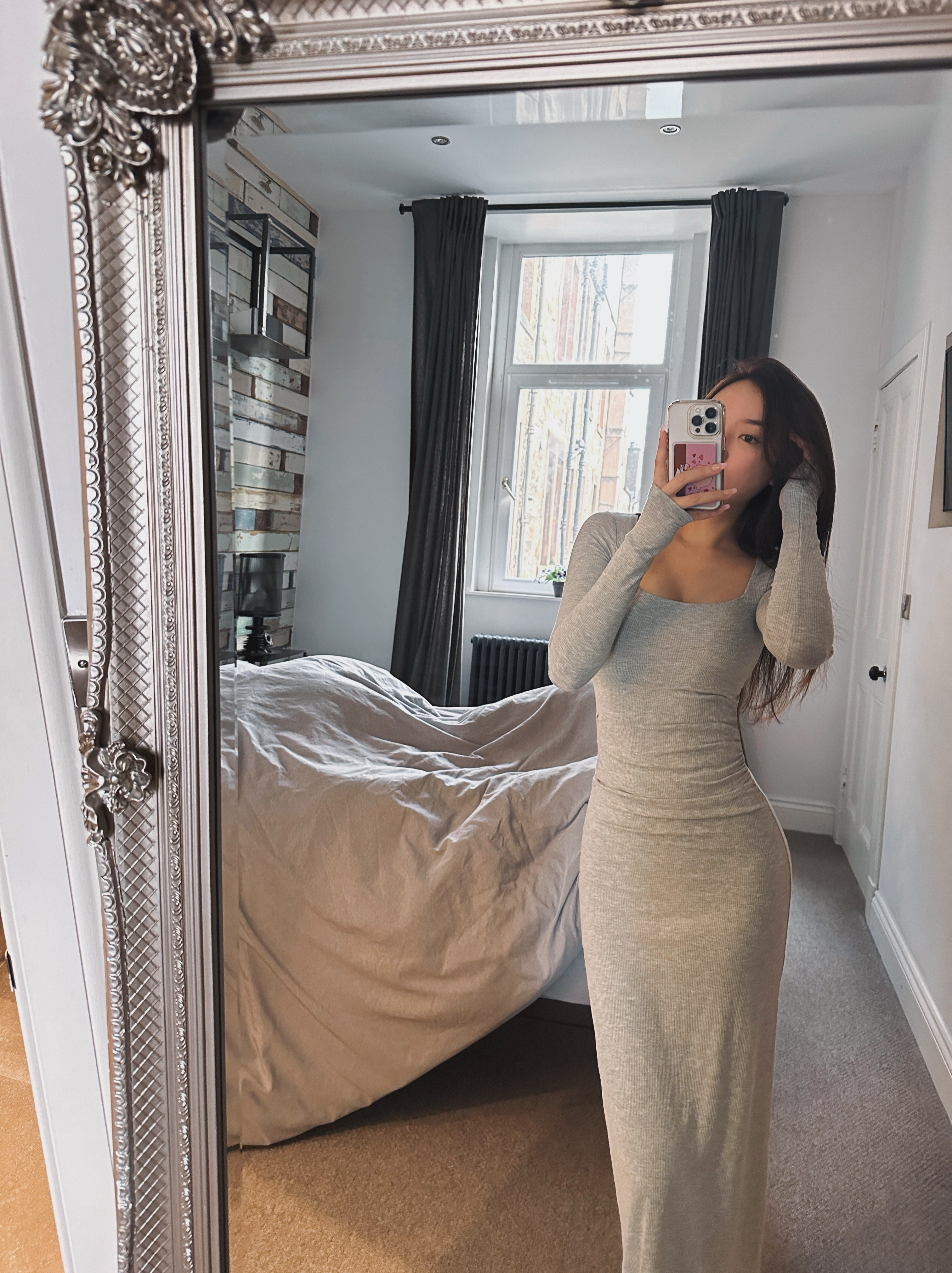 Pure love 方領長袖抓皺洋裝