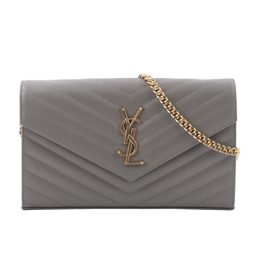 【YSL/Saint Laurent Paris】V紋荔枝皮金色LOGO WOC 斜背包(霧灰色) 377828 BOW0J 1202