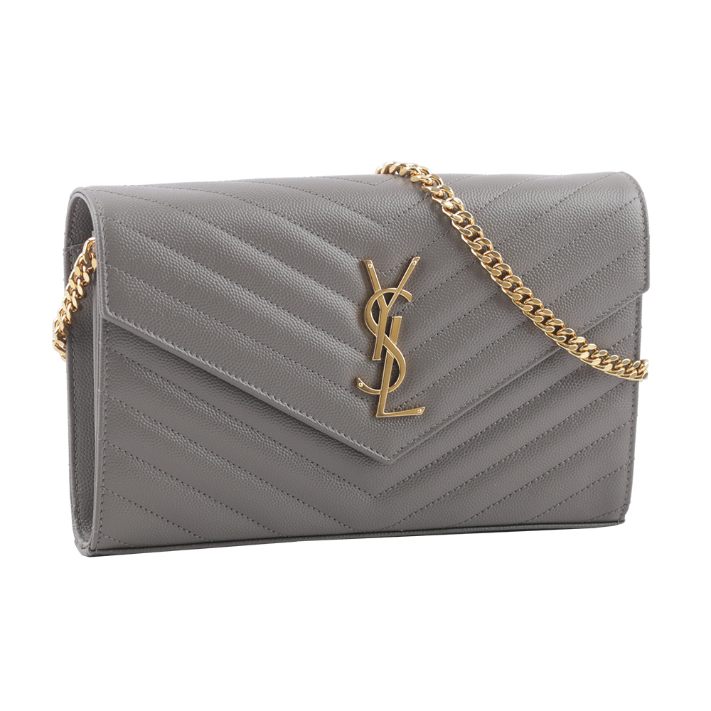 【YSL/Saint Laurent Paris】V紋荔枝皮金色LOGO WOC 斜背包(霧灰色) 377828 BOW0J 1202