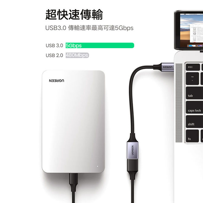 UGREEN - 70889 金屬編織版 OTG Type-C USB傳輸線 3.0 C公-A母 帶線