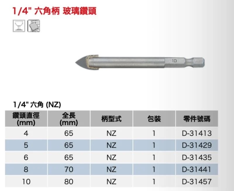 ＊中崙五金【附發票】牧田 玻璃鑽頭 6mm*65mm D-31435 六角柄 快速接鑽尾 適用玻璃、磁磚