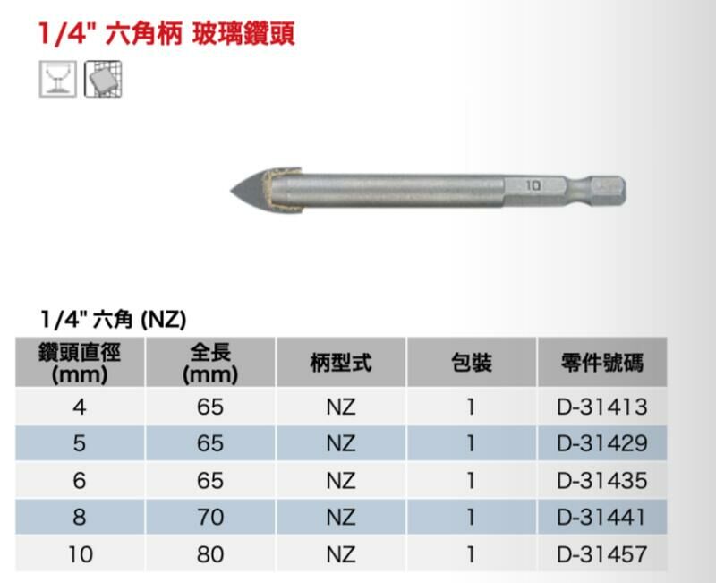 ＊中崙五金【附發票】牧田 玻璃鑽頭 4mm*65mm D-31413 六角柄 快速接鑽尾 適用玻璃、磁磚