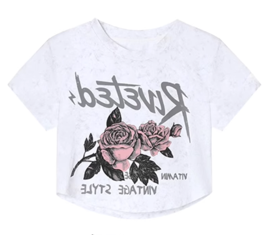 Rose print cropped navel-baring short-sleeved T-shirt