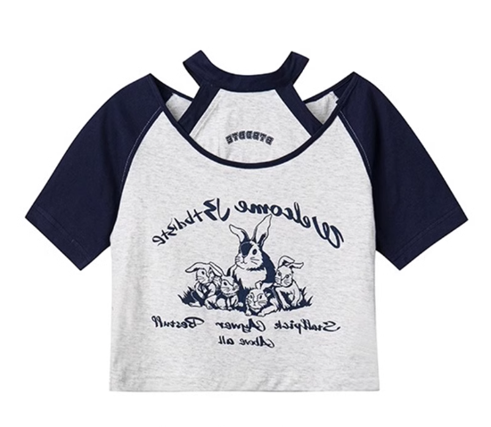 Spliced ​​fake two-piece short strappy halterneck short-sleeved T-shirt