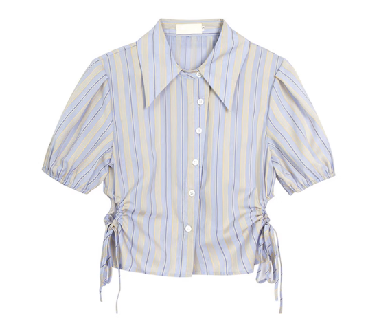 Waist-reducing short striped drawstring shirt