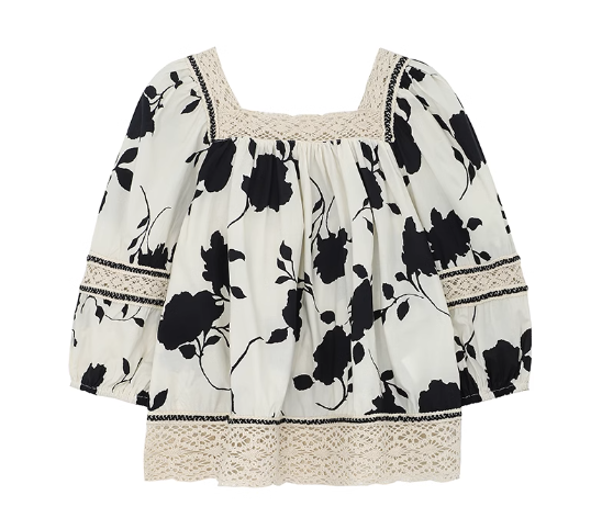Square collar printed lace three-quarter sleeve shirt