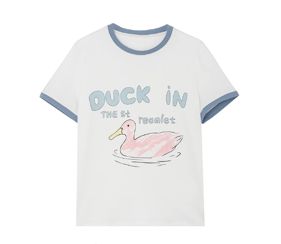 Casual printed round neck right shoulder short sleeve T-shirt