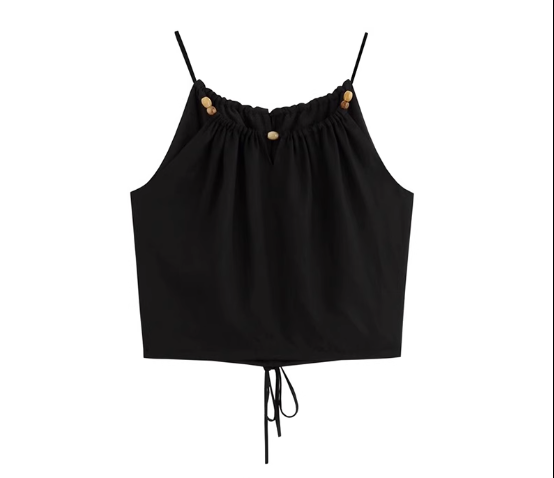 V-neck hollow drawstring T-shirt