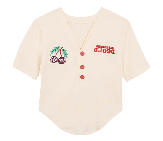 Embroidered short v-neck herringbone waist-baring short-sleeved T-shirt