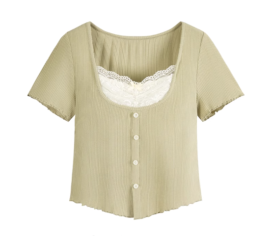 Lace panel short-sleeved T-shirt