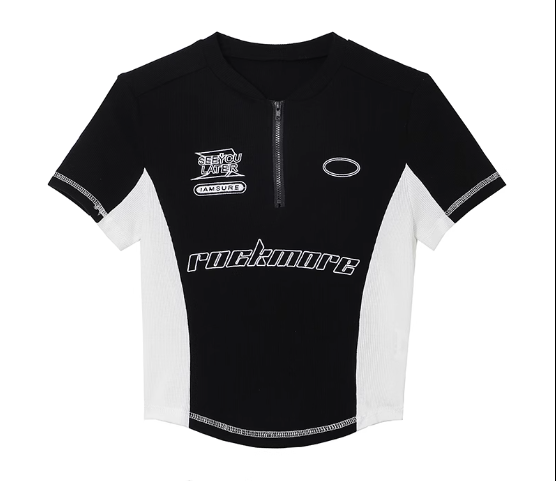 Stitched contrasting printed embroidered zipper short-sleeved T-shirt