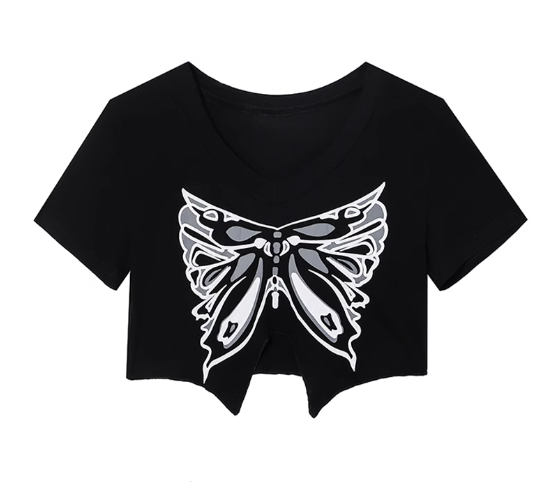 Butterfly print irregular slit short-sleeved T-shirt