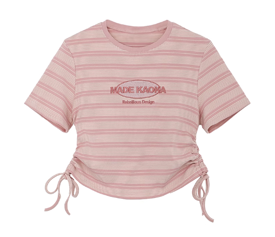 Striped drawstring right shoulder T-shirt