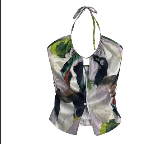 Printed Hollow Halter Silk Cropped Tank Top