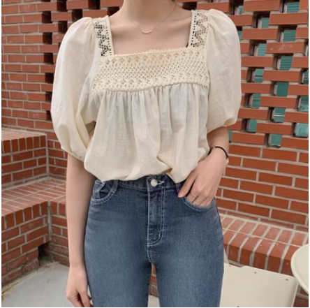 Square neck puff sleeve lace patchwork shirt
