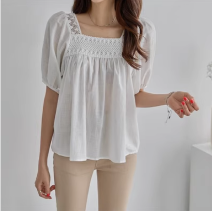 Square neck puff sleeve lace patchwork shirt